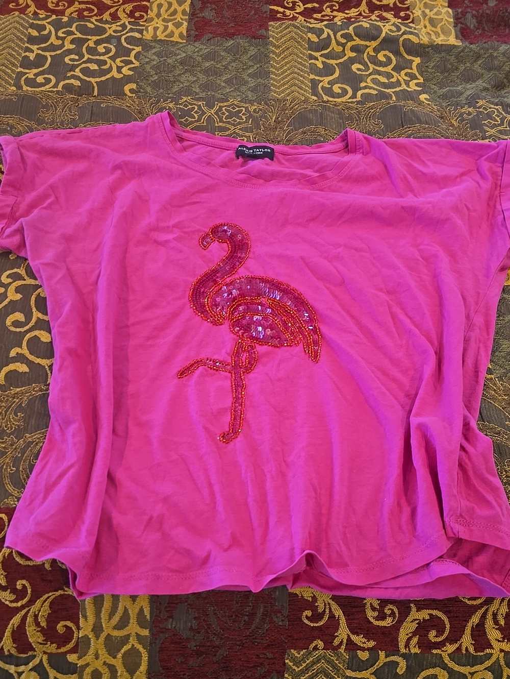 Bright Pink Sequin Flamingo Short Sleeve Tee - Women